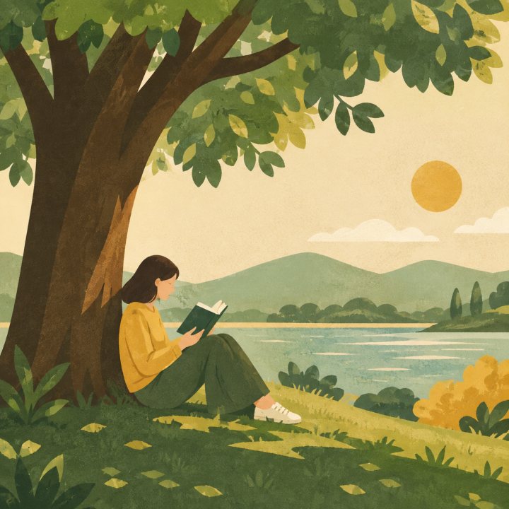 Flat illustration of a person reading under a tree by a lake