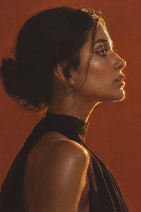 Side profile portrait with warm rim light on a terracotta background