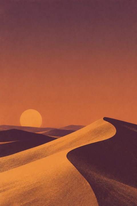 Minimal desert dune poster in ochre and plum at dusk