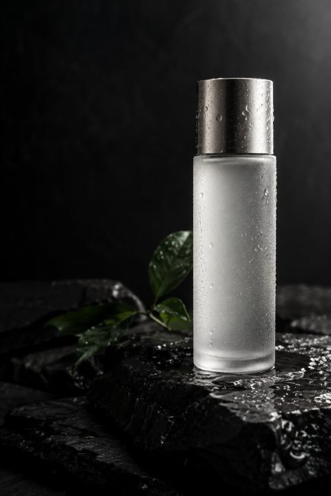 A frosted glass skincare bottle on wet dark slate