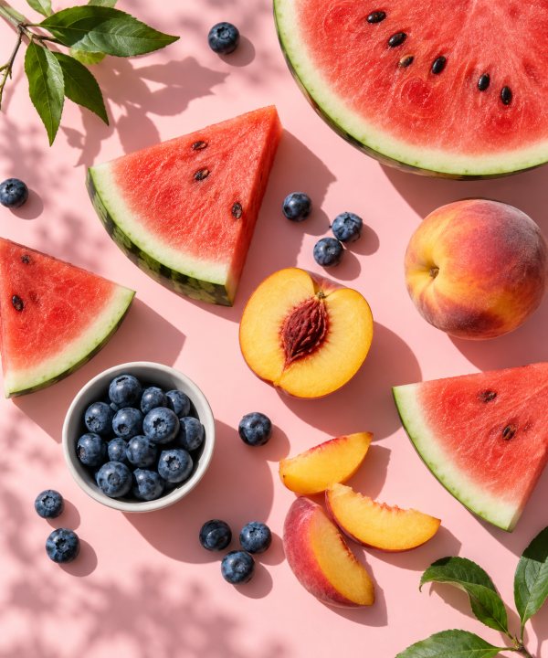 Top-down flat lay of watermelon, peach and blueberries on pink