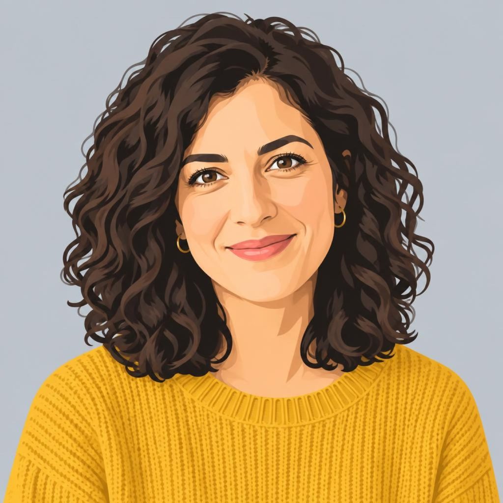 The same portrait redrawn as a flat vector illustration, keeping the curly hair, gold hoop earrings and yellow sweater.