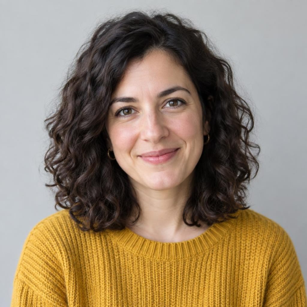 A portrait of a person with shoulder-length curly dark hair wearing a mustard yellow knitted sweater against a plain grey background.