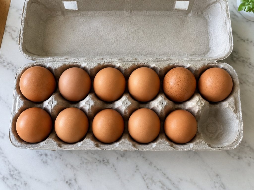 An open egg carton holding eleven brown eggs in a twelve-slot tray, although thirteen were requested.