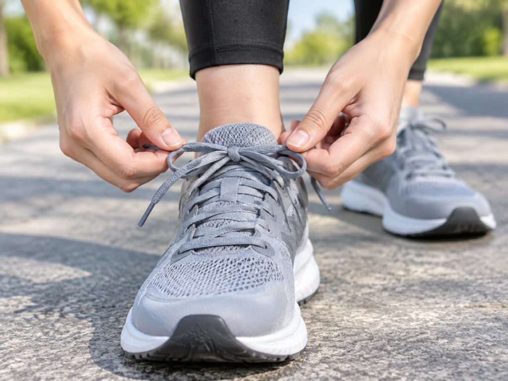 Close-up of two hands tying a shoelace on a grey running shoe, both hands anatomically correct.