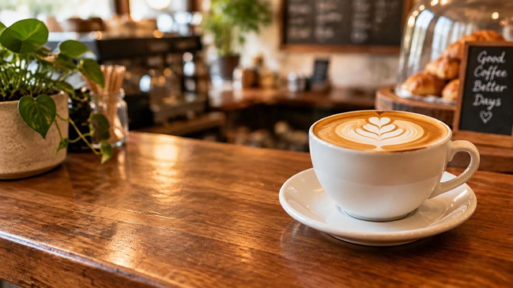The same cafe counter scene with the cup moved to the right and the left half of the counter now empty.