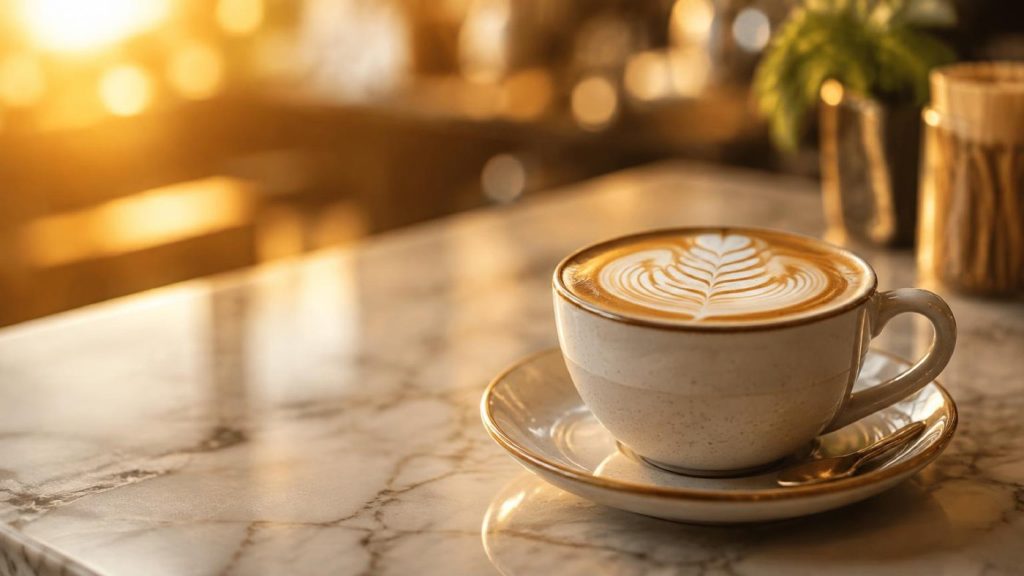 A latte in a ceramic cup on a marble cafe counter, lit from behind by warm golden light, with the left third of the frame left empty.