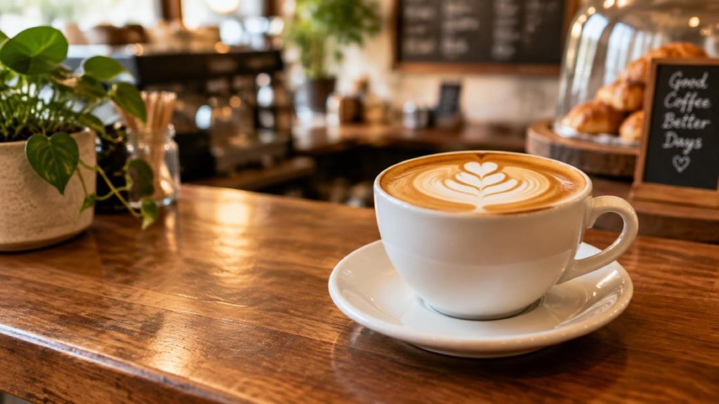 A latte on a wooden cafe counter with a plant, an espresso machine and a chalkboard reading Good Coffee Better Days in the background.