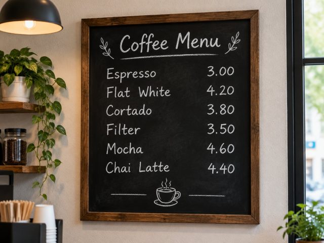 A chalkboard cafe menu listing six drinks with prices, every line correctly spelled and legible.