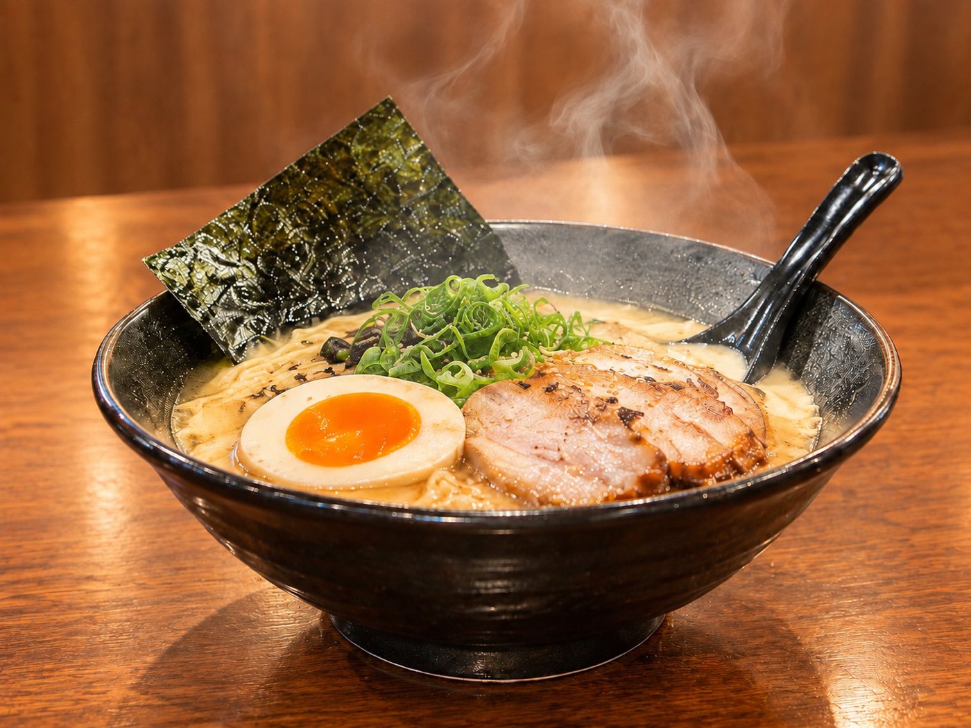 The same bowl with visible steam rising from the broth.