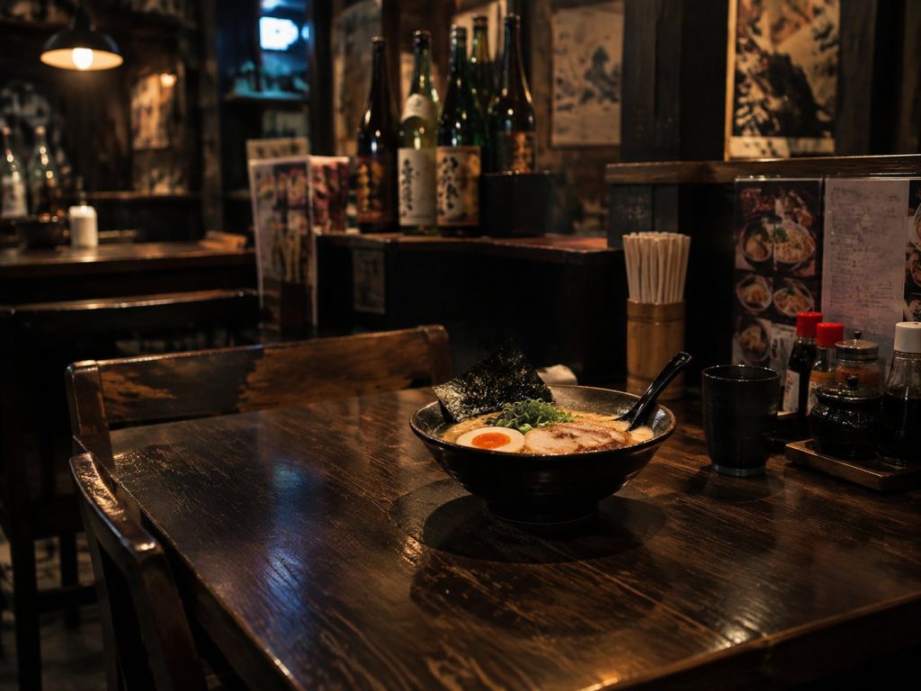 A bowl of ramen sitting small in a wide, dim, cluttered restaurant frame.