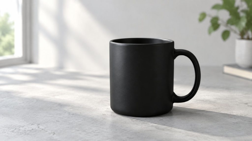 Round 1: a matte black ceramic mug on a pale grey concrete surface, lit by soft daylight from a window on the left.