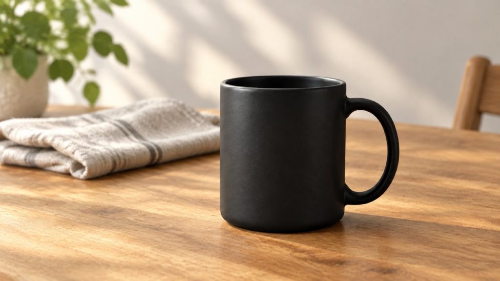 Round 2: the same mug, now standing on a warm oak table with a folded linen cloth behind it.