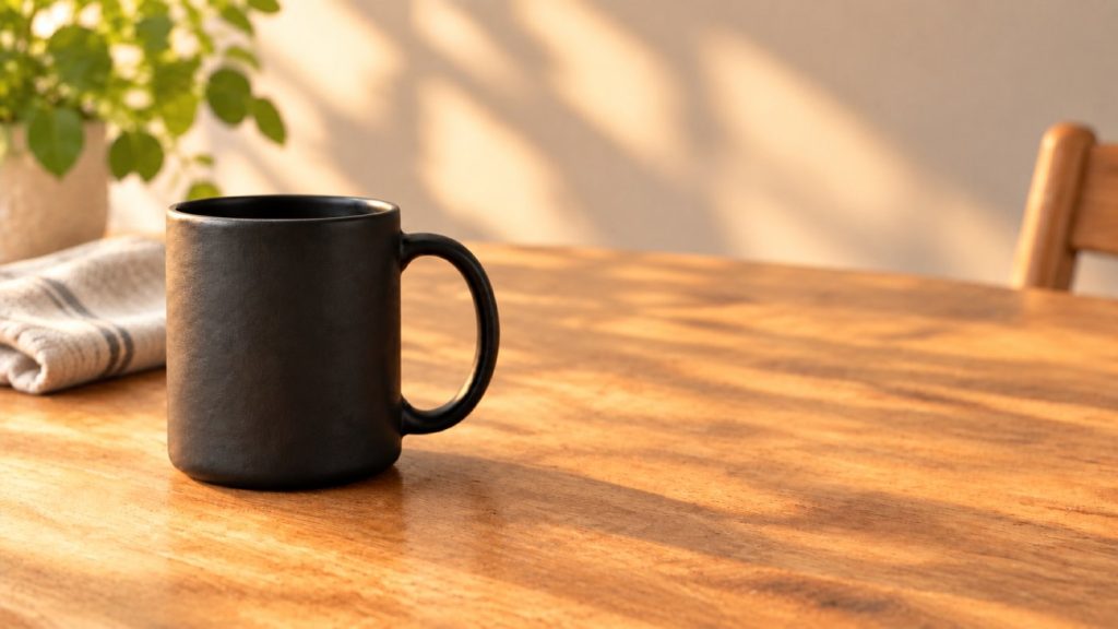 Round 4: the same photograph recomposed with the mug on the left, leaving the right half of the frame empty for headline text.