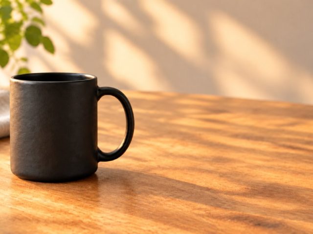 Round 4: the same photograph recomposed with the mug on the left, leaving the right half of the frame empty for headline text.