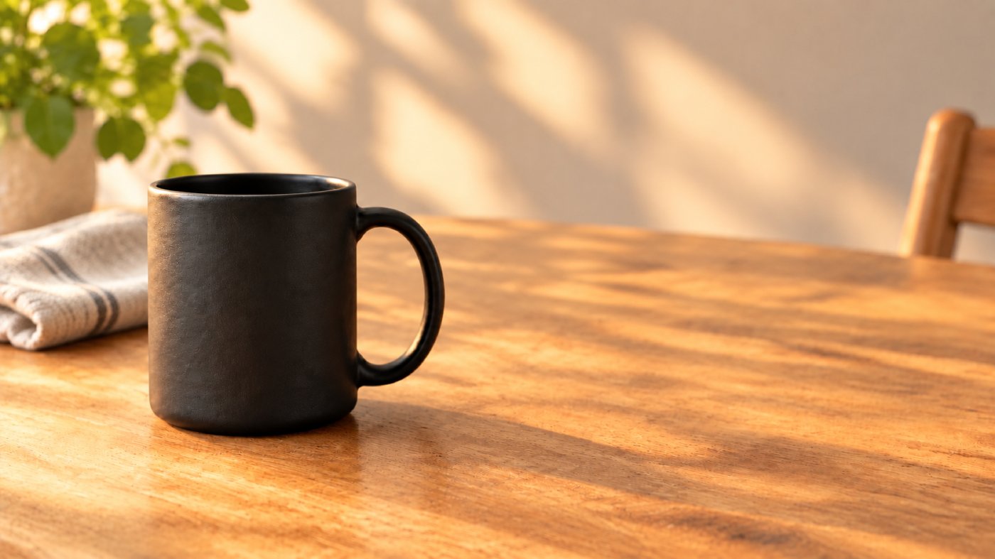 Round 4: the same photograph recomposed with the mug on the left, leaving the right half of the frame empty for headline text.