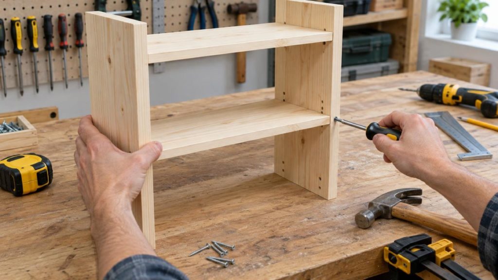 A pair of hands assembling a small pine shelf on a workshop bench surrounded by hand tools.