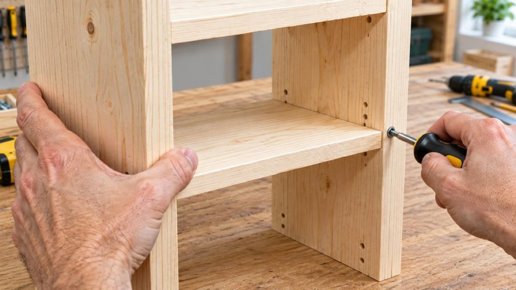 The same workshop scene with the hands and the shelf filling much more of the frame.