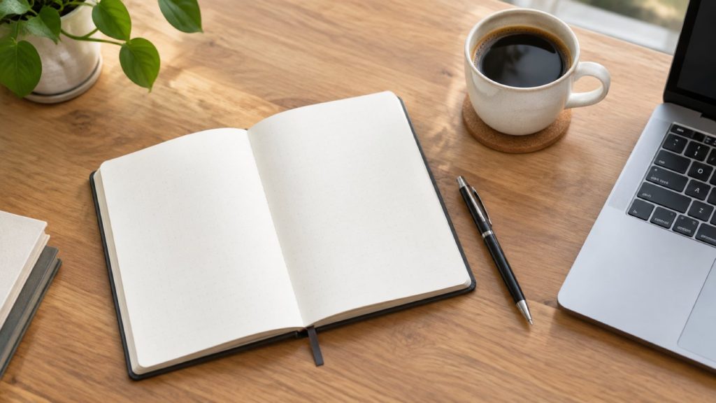 Overhead view of a wooden desk with an open notebook, a pen, a coffee cup and the edge of a laptop.