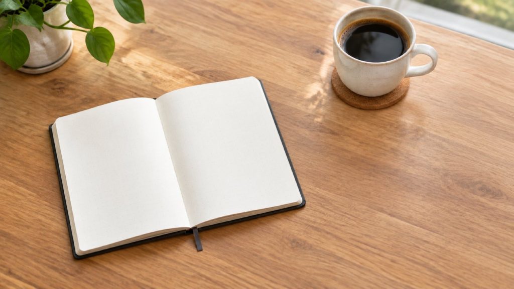 The same desk with the laptop and pen removed, leaving the notebook, the cup and more empty wood.