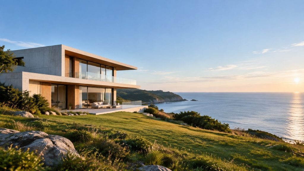 The starting picture: a modern house on a green coastal hillside under a clear blue sky.