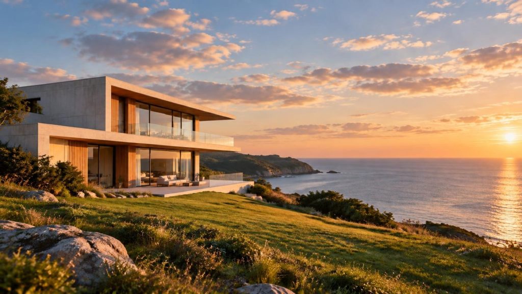The same instruction run with the previous picture: the identical house and coastline, now under a warm cloudy sky.