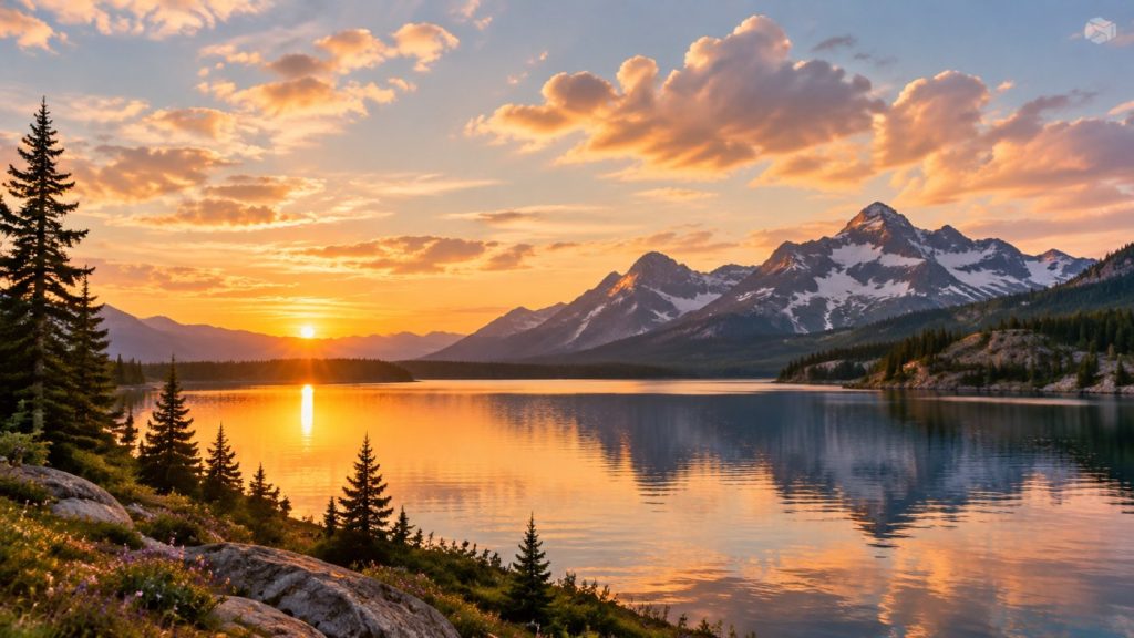 The same instruction run without the previous picture: an unrelated mountain lake at sunset, with no house and no coastline.