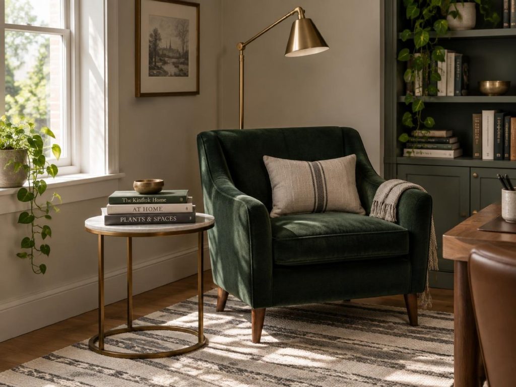 A home office corner with a dark green velvet armchair, a brass floor lamp, a round marble side table holding three books, and a striped rug.