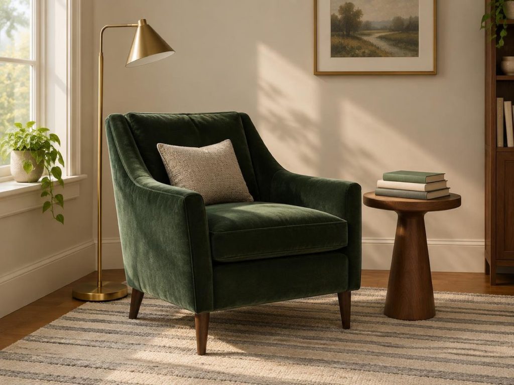 A different home office corner containing the same kinds of objects: a green velvet chair, a brass lamp, a side table with books, a striped rug.