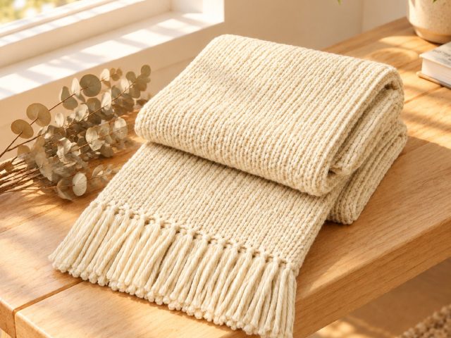 The same scarf on the bench with dried eucalyptus stems beside it and warmer overall light.