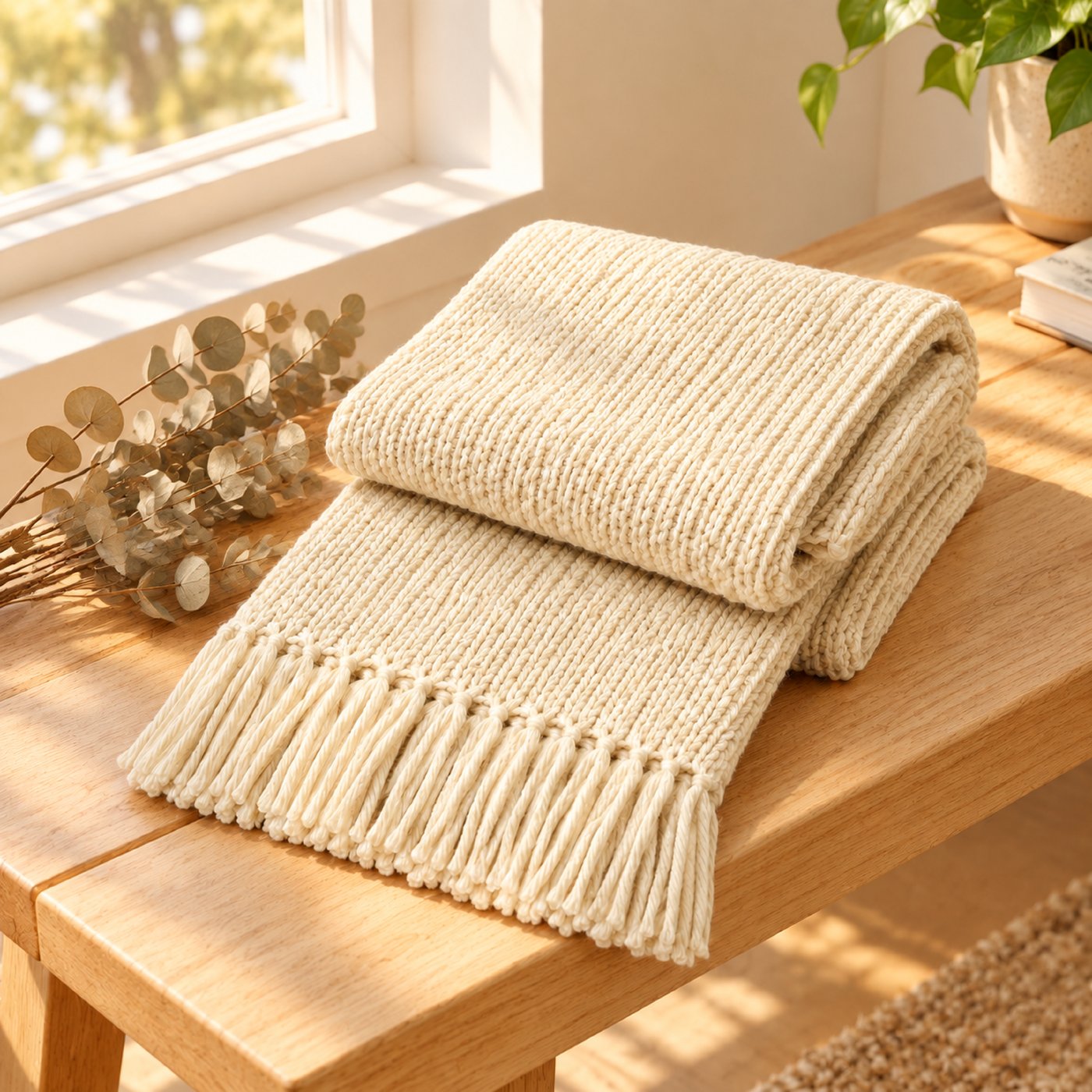 The same scarf on the bench with dried eucalyptus stems beside it and warmer overall light.