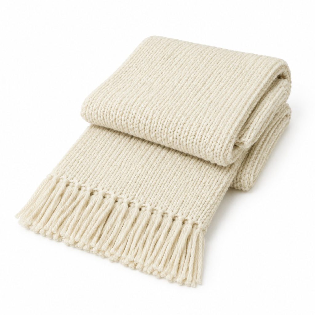 A cream knitted scarf folded on a plain white seamless background, evenly lit studio product shot.
