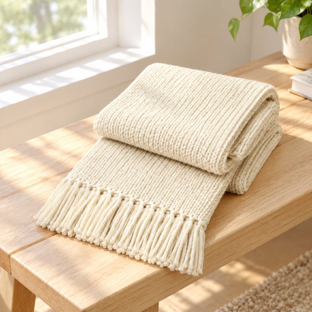 The same knitted scarf, now resting on a pale wooden bench in soft morning window light.