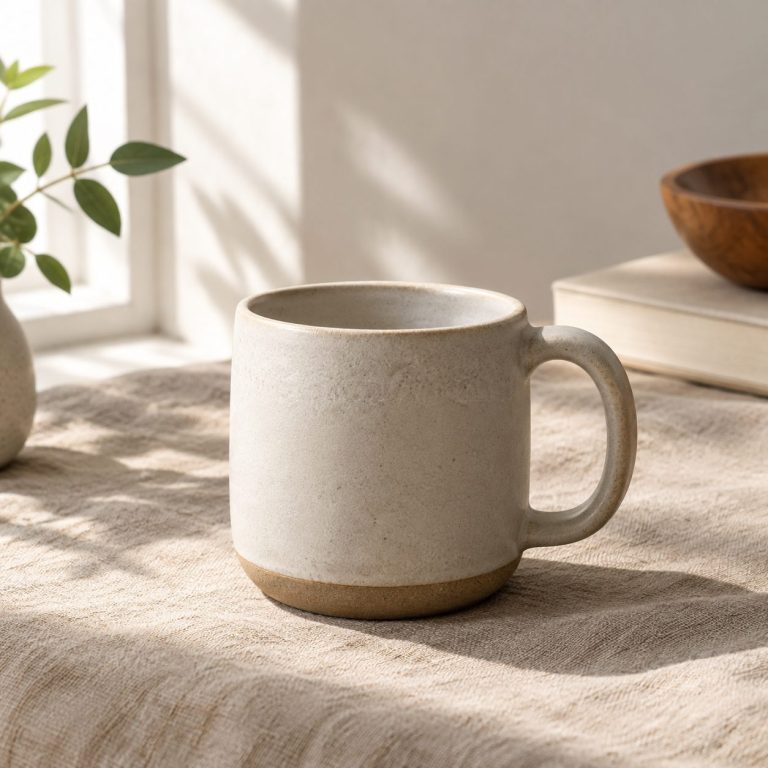 Ceramic mug on linen