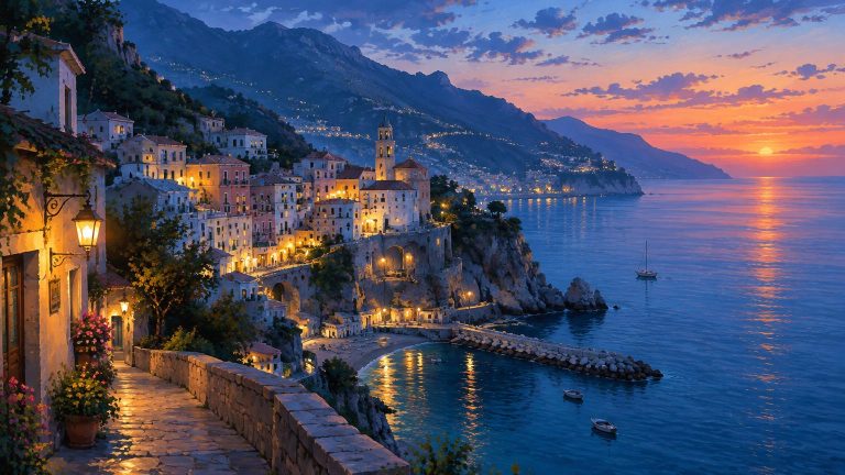 Coastal town at dusk