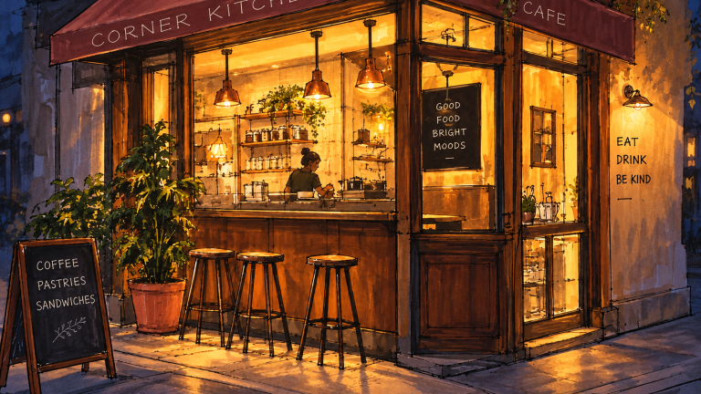 Corner cafe concept, after “Change to evening lighting with warm glow from windows”