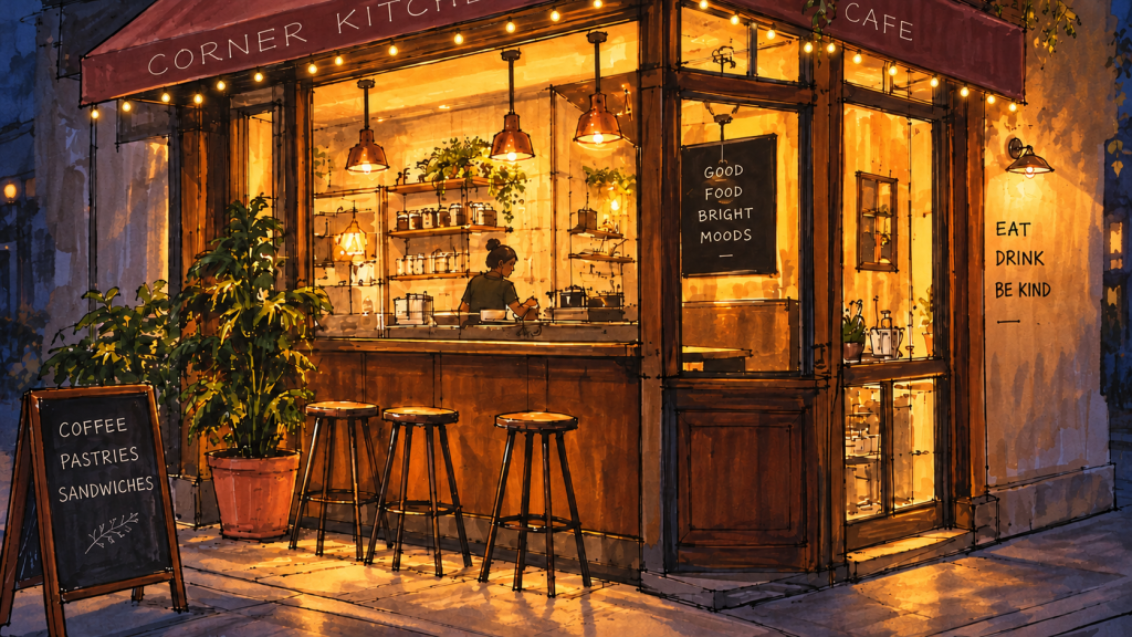 Corner cafe concept, after “Add small string lights along the awning edge”