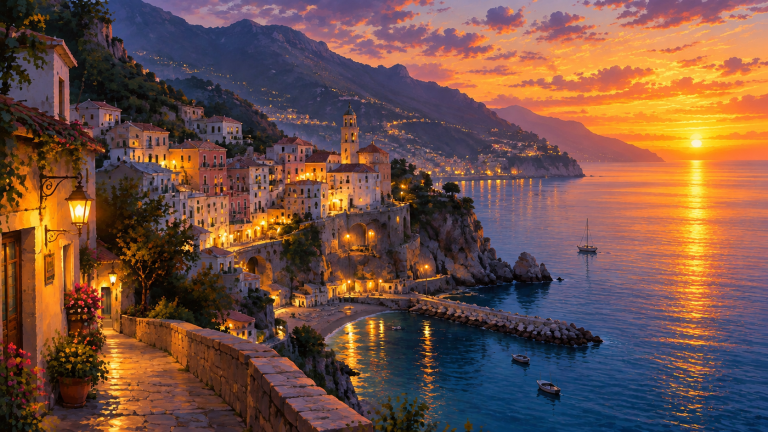 Coastal town at dusk, after “Add golden sunset glow on the horizon”