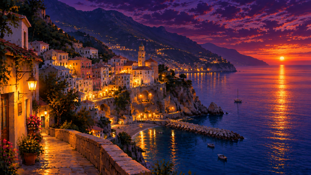 Coastal town at dusk, after “Darken the sky to deep purple twilight”