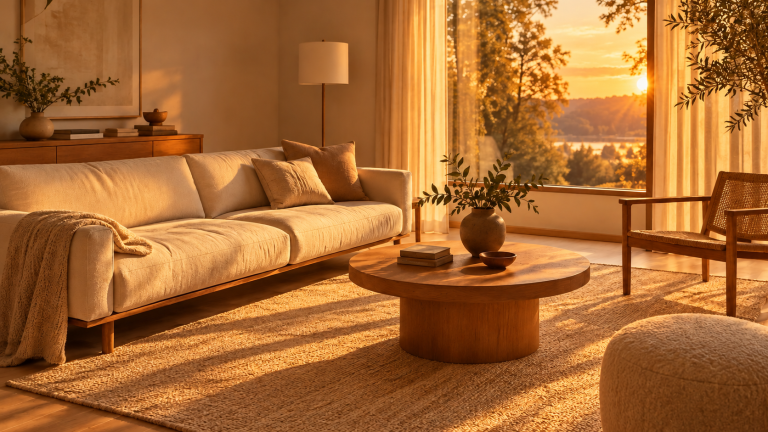 Interior concept, after “Switch to golden hour with warm orange light flooding through the window”