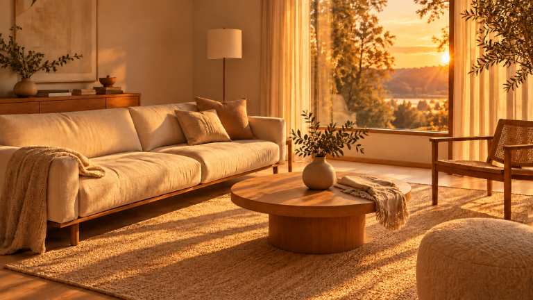 Interior concept, after “Add a low oak coffee table with a single ceramic vase and folded linen throw”