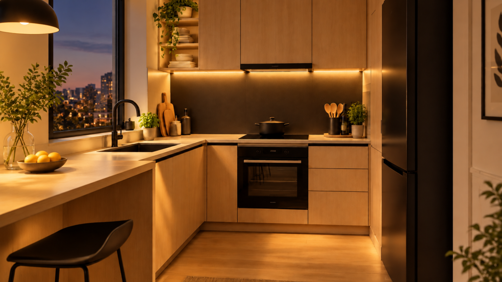 Compact kitchen concept, after “Shift the scene to evening with warm interior lighting”