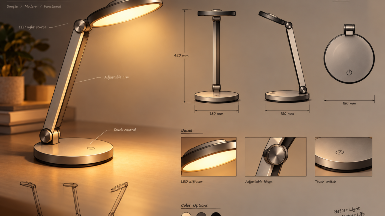Desk lamp concept sheet, after “Warm amber glow from the lamp shade, cozy evening mood”