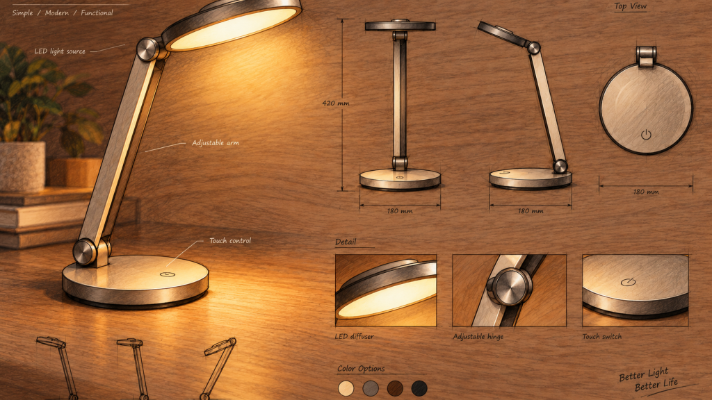 Desk lamp concept sheet, after “Soft walnut wood grain texture on the background, warm pencil shading”
