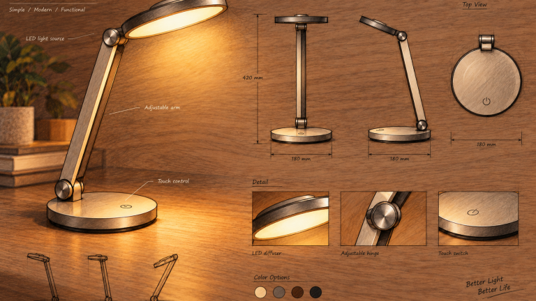 Desk lamp concept sheet, after “Soft walnut wood grain texture on the background, warm pencil shading”