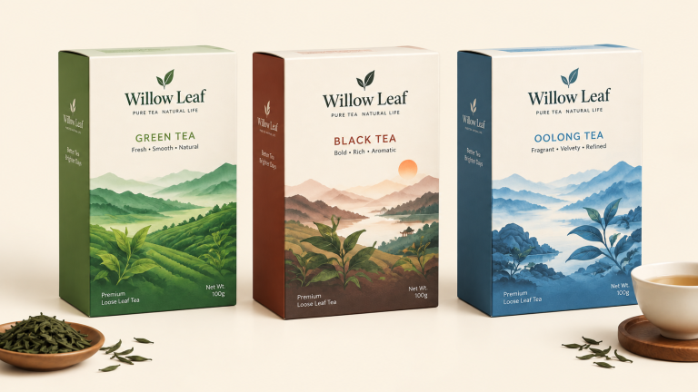 Tea packaging concept, after “Change background to soft cream color”