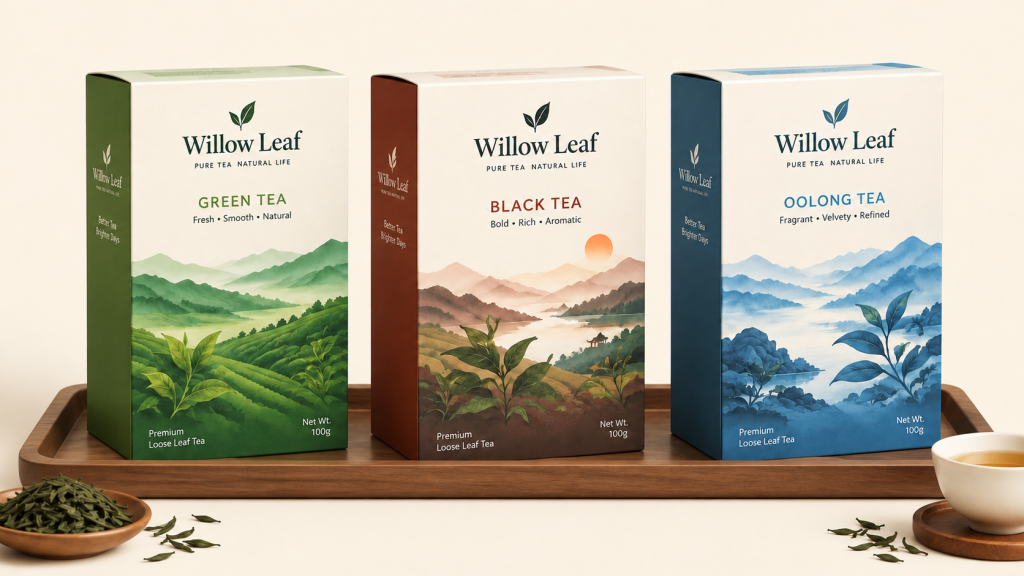 Tea packaging concept, after “Add a small wooden tray beneath the boxes”