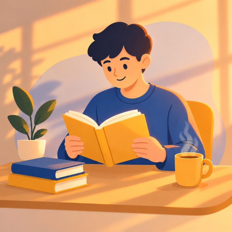 Flat vector character, after “Add a steaming mug beside the open book”