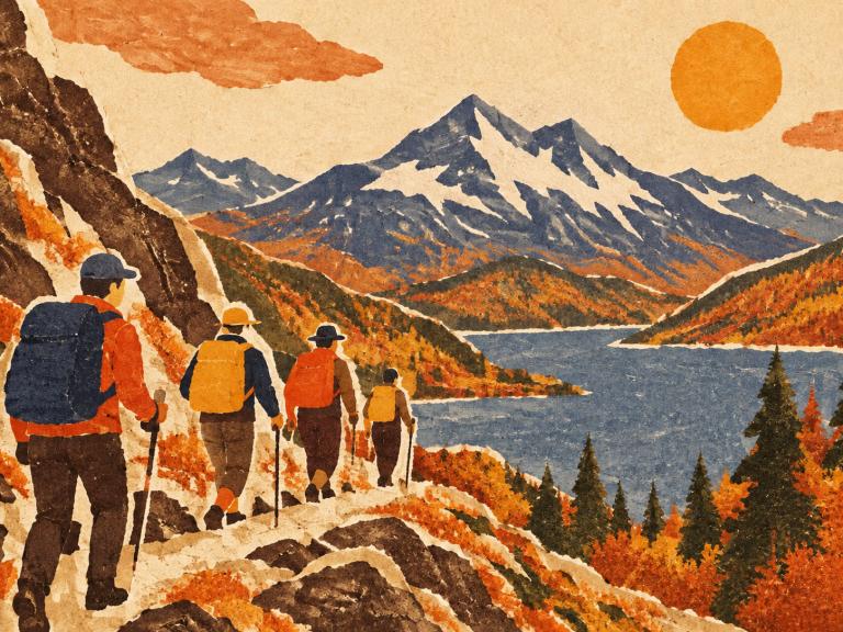 Paper collage hike, after “Shift palette toward warm autumn oranges and browns”
