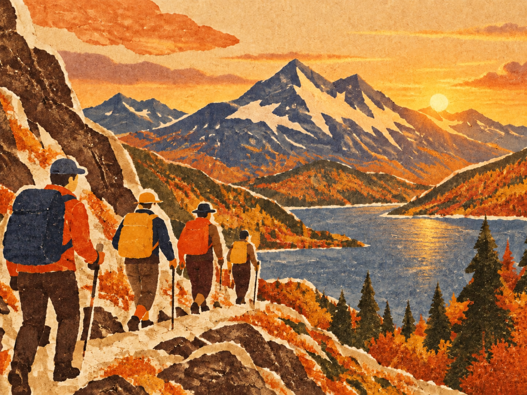 Paper collage hike, after “Add a soft golden sunset glow behind the ridge”